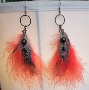Handcrafted long feather metal earrings